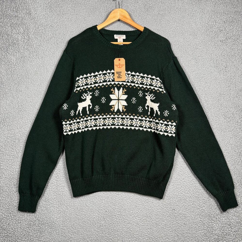 Dockers Sweater Mens Size Medium Deep Green Fair Isle Holiday Elk Heavyweight